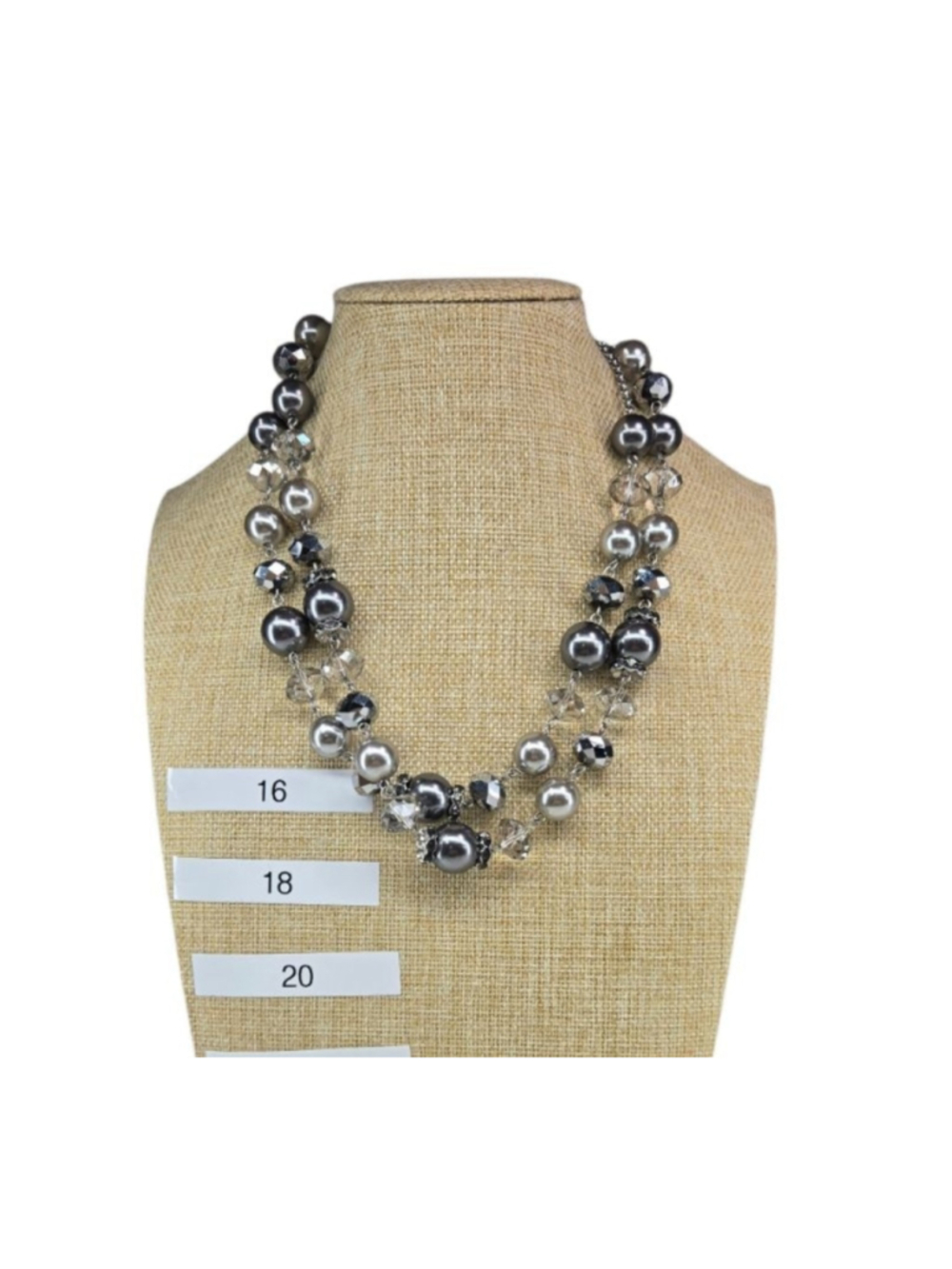 Crown Trifari Necklace Silver Gray Clear Crystal Beaded Double Strand Statement